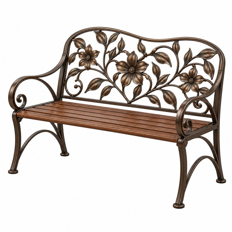 Ławka ogrodowa 122 x 58 x 95 cm metalowa brązowa z kwiatowym oparciem