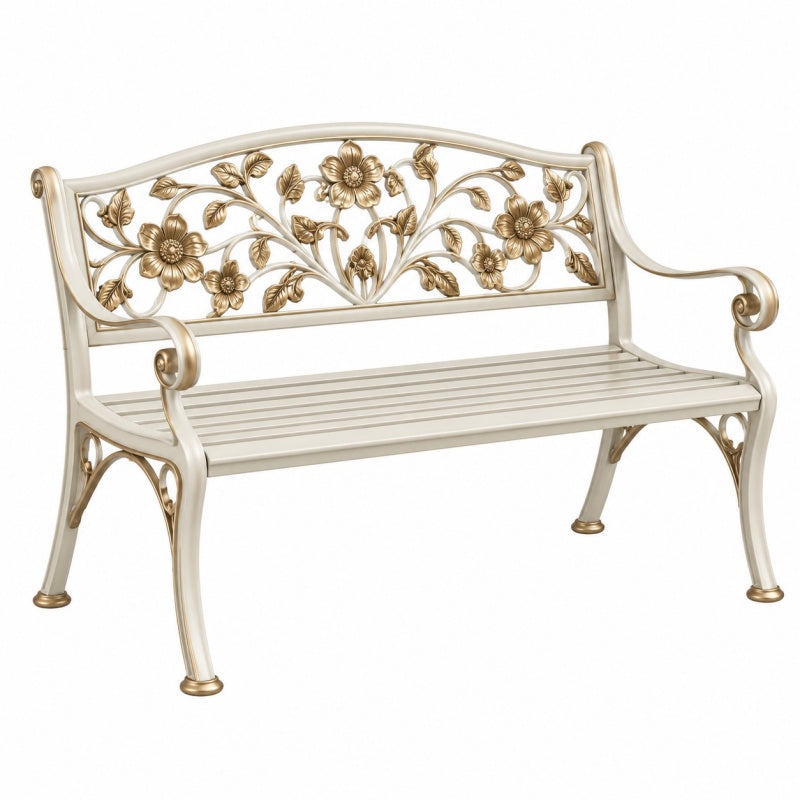 Ławka ogrodowa 125 x 60 x 92 cm metalowa kremowo-złota dekoracyjna