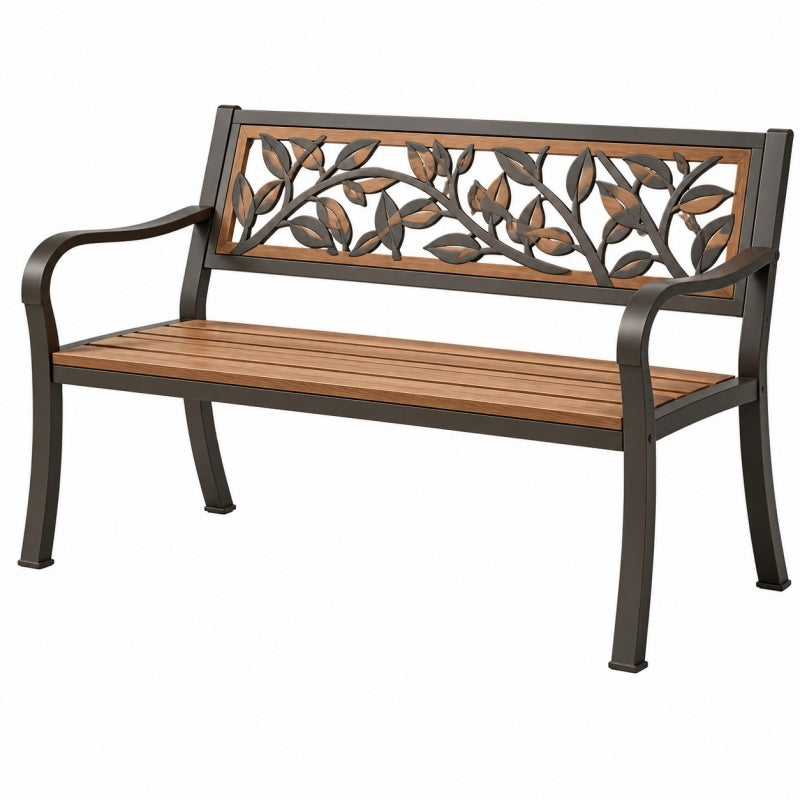 Ławka ogrodowa 122 x 61 x 88 cm z metalu i drewna brązowo-czarna z motywem liści