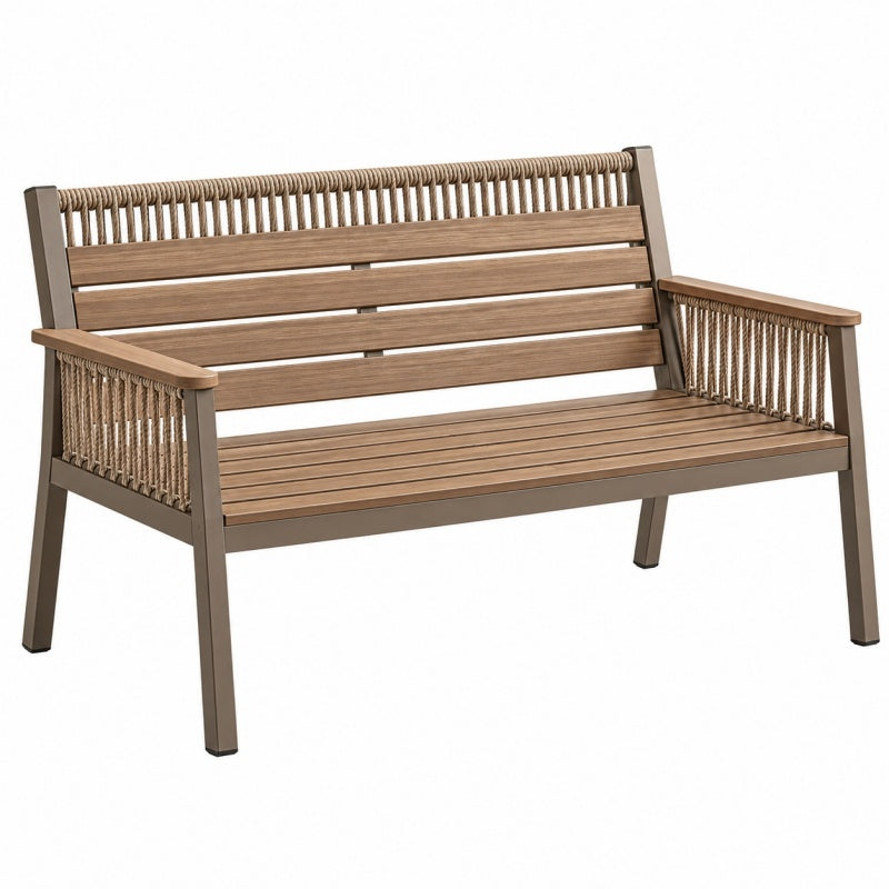Ławka ogrodowa 120 cm metalowa brązowa z plecionką w stylu rustykalnym