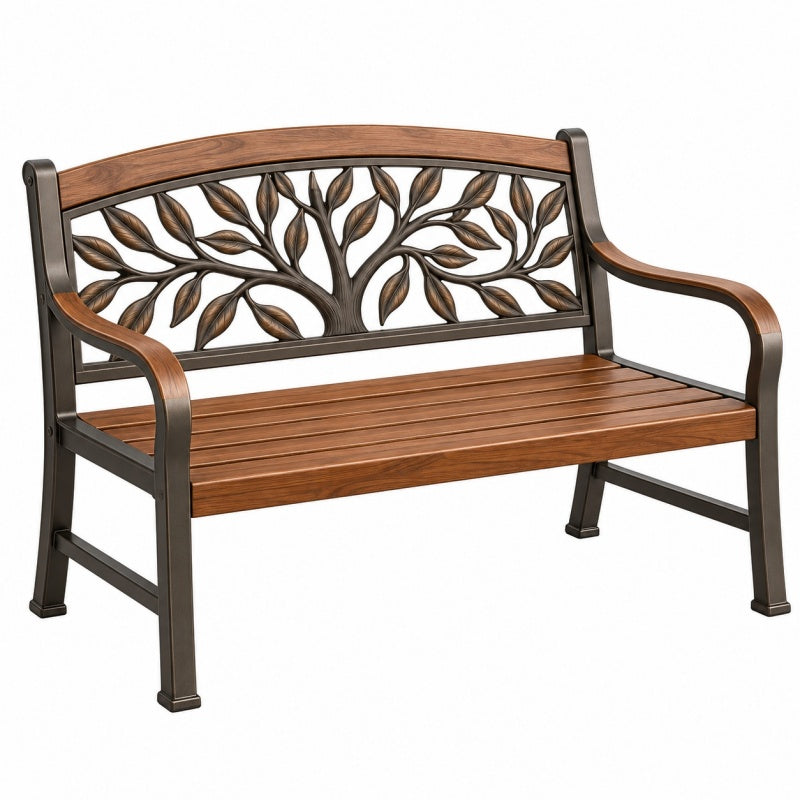 Ławka ogrodowa 122 x 64 x 90 cm metalowa brązowa z oparciem w motyw liści