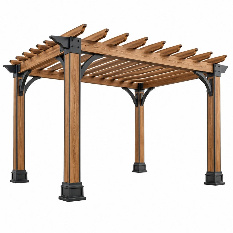 Pergola ogrodowa 300 x 400 x 230 cm z drewna brązowa z czarnymi metalowymi wspornikami
