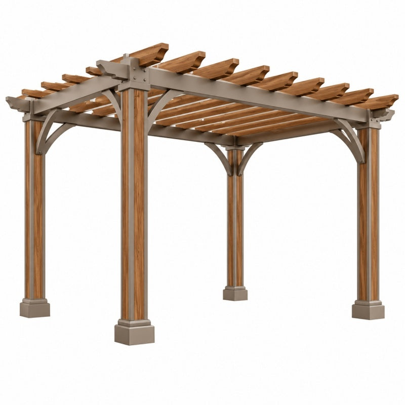Pergola ogrodowa 300 x 300 x 240 cm z drewna i metalu brązowo-szara z ażurowym zadaszeniem
