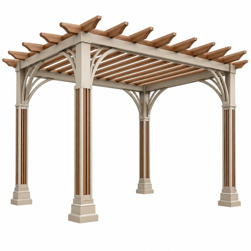 Pergola ogrodowa 300 x 300 x 240 cm z aluminium i drewna beżowo brązowa do tarasu klasyczna z ażurowym dachem