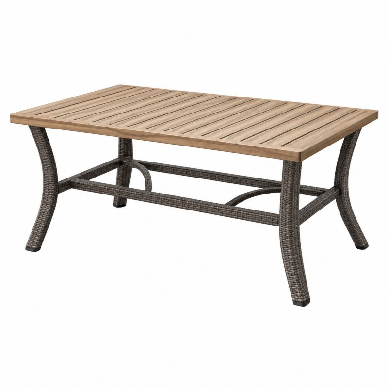 Stół ogrodowy 150 x 90 x 75 cm z drewnianym blatem i rattanową podstawą - prostokątny