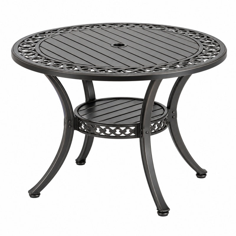 Stół ogrodowy okrągły 102 cm metalowy czarny z otworem na parasol