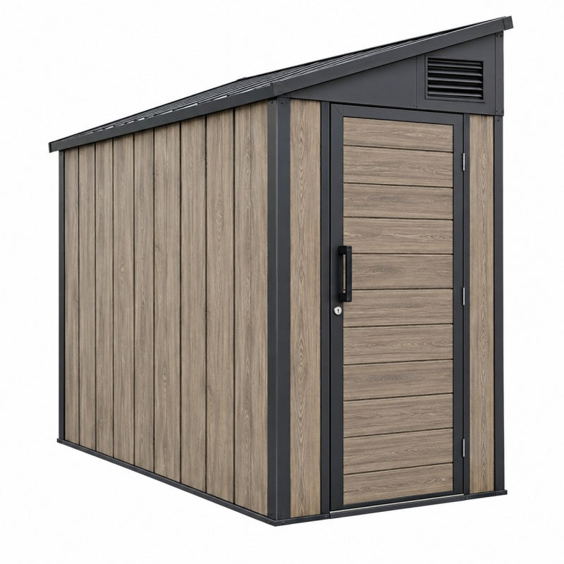Domek ogrodowy 180 x 120 x 200 cm z panelami drewnopodobnymi i metalową ramą - nowoczesny schowek z wentylacją