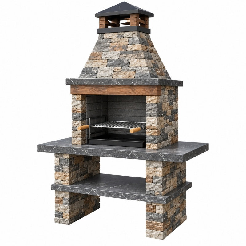 Grill ogrodowy murowany 150 x 70 x 210 cm z okładziną kamienną i kominem