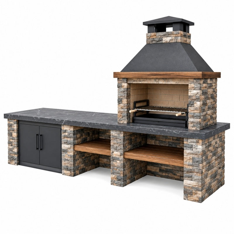 Grill ogrodowy 250 x 90 x 260 cm z okładziną kamienną czarny brązowy - z blatem i szafką