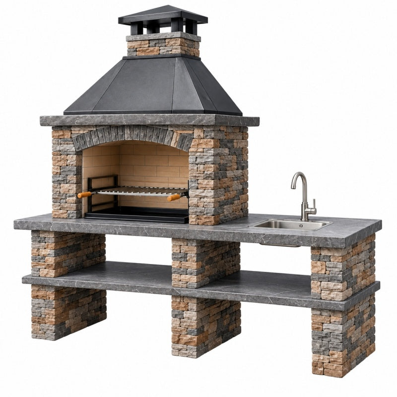 Grill ogrodowy z umywalką 200 x 70 x 230 cm kamień i stal czarny